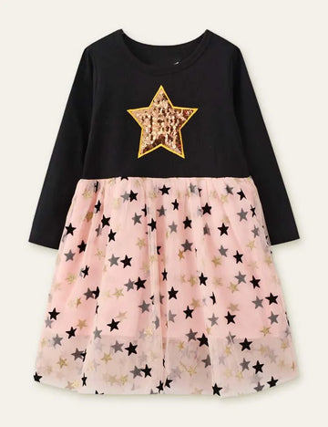 Star Printed Mesh Long Sleeve Dress - Mini Taylor